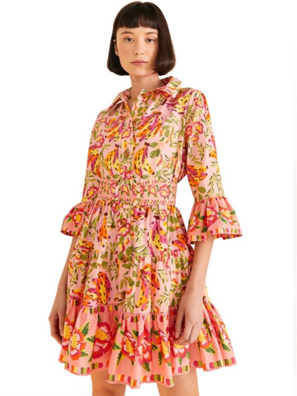 FARM RIO Painted Bananas Organic Cotton Ruffle Belted Mini Dress - Size XS - Picture 2 of 13
